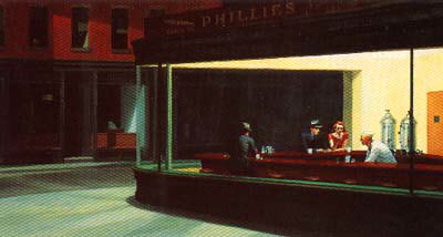 Excerpt from The Black Echo
He made another one of those psychic connections with Eleanor Wish when he turned around and looked at the wall above the couch. Framed in black wood was a print of Edward Hopper's Nighthawks. Bosch didn't have the print at home but he was familiar with the painting and from time to time even thought about it when he was deep on a case or on a surveillance. He had seen the original in Chicago once and had stood in front of it studying it for nearly an hour. A quiet, shadowy man sits alone at the counter of a street-front diner. He looks across at another customer much like himself, but only the second man is with a woman. Somehow, Bosch identified with it, with that first man. I am the loner, he thought. I am the nighthawk. The print, with its stark dark hues and shadows, did not fit in this apartment, Bosch realized. Its darkness clashed with the pastels. Why did Eleanor have it? What did she see there? Nighthawks